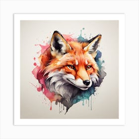 , Watercolor, powerful fox face logo facing forward, monochrome background, by yukisakura, awesome full color, Art Print