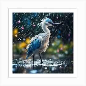 White And Blue Bird Chick in the Rain Art Print