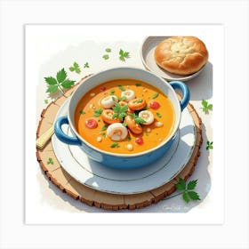 Watercolor Scene Of A Rich And Creamy Seafood Chowder On A Stylish Table Art Print