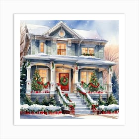 Christmas Decorated Home Outside Watercolor Trending On Artstation Sharp Focus Studio Photo Int (7) Art Print