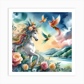 Unicorn With Birds And Flowers Art Print