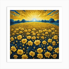 Yellow Flowers In Field With Blue Sky Centered Symmetry Painted Intricate Volumetric Lighting (4) Art Print