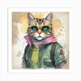 Beguiling Watercolor Painting, Watercolor Texture, A Cat Wearing Sunglasses And A T Shirt, In The St Art Print