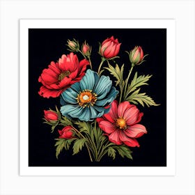 Flowers On A Black Background 6 Art Print