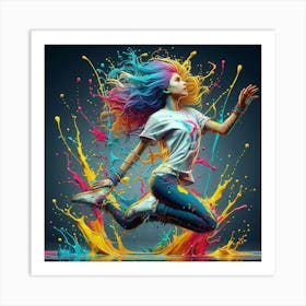 Colorful Girl Jumping In Paint Splash Art Print