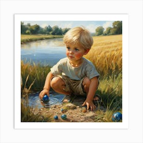 Boy Playing With Blue Balls Art Print