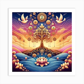 "Sanctity in Symmetry: The Bodhi Tree of Life" - This radiant artwork captures the essence of spiritual awakening and balance. The Bodhi tree, under which enlightenment was attained by the Buddha, is depicted with symmetrical grace, its leaves and branches adorned with sacred symbols from various traditions, creating a tapestry of universal spirituality. The serene waters and lotus flowers at the base symbolize purity and rebirth, while the ascending doves represent peace and the soul's ascension. The harmonious blend of warm sunset hues and cool twilight tones makes this piece a profound statement of unity and contemplation. Perfect for those seeking a centerpiece of tranquility and inspiration, this art is a sanctuary of visual harmony, inviting all who gaze upon it to a journey of inner peace and unity with the cosmos. Art Print