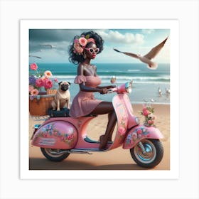 Girl On A Pink Moped Art Print