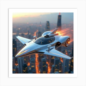 Chrome Futuristic Car With Aerodynamic Wings, Gliding Above A Vibrant City Skyline 1 Art Print