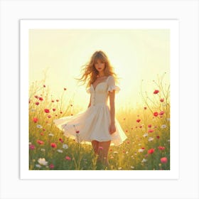 Taylor Swift In A Watercolor Meadow, With Flowers And Soft Sunlight Art Print