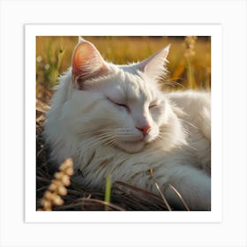White Cat Sleeping In The Grass Art Print