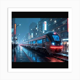 Sleek Futuristic Train In A Glowing Neon City During A Rainy Night 1 Art Print