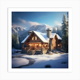 Cabin In The Snow paintings art print Art Print