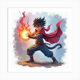 Mighty Fighter With Magical Energy, Colorful Watercolor Backdrop 1 Art Print