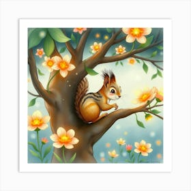 A Squirrel Playing In A Tree Of Glowing Flowers, Set In A Whimsical Watercolor World Art Print