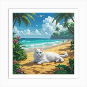 White Cat On The Beach Art Print