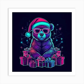 Vector Illustration Glowing Neon Bear In A Santa Generated AI. Wall Art Print Art Print