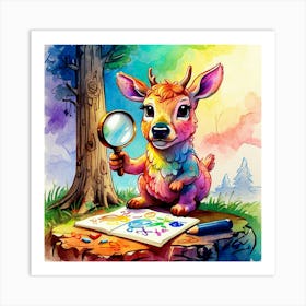 Watercolor Deer With Magnifying Glass Art Print