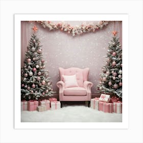 Pink Chair With Christmas Trees Art Print