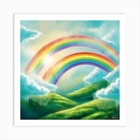 A Vibrant, Multicolored Rainbow Bridges The Turquoise Sky And Lush, Emerald Green Landscape, With Soft, Wispy Clouds Scattered Across The Heavens, Radiating A Warm, Golden Light That Illuminates The Dreamy, Ethereal Atmosphere 2 Art Print