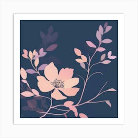 Branch With Navy Blue Flower, Peach & Lilac Art Print