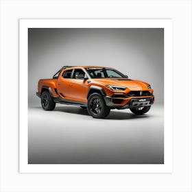 A Sleek, Vibrant Orange Lamborghini Urus, Extensively Modified With A Full Body Kit, Transformed Into A Rugged Pickup Truck With A Sturdy Rear Bed, Aggressive Wheel Wells, And A Distinctive Bumper, Featuring Sharp, Angular Lines 1 Art Print