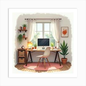 Cozy Home Office In Watercolor, With A Desk, Computer, And Personal Touches 1 Art Print