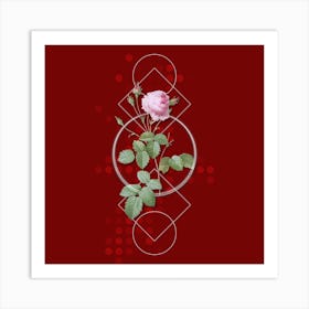 Vintage Provence Rose Botanical with Geometric Line Motif and Dot Pattern Art Print