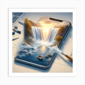 A smartphone whose screen displays a miniature view of a waterfall. 3 Art Print