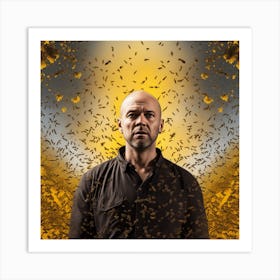 The Image Depicts A Man With A Shaved Head Standing In Front Of A Yellow Background Filled With Bees Art Print