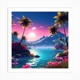 Tropical Landscape With Palm Trees, blue sky, wall art, trees, flowers, and sun. good look. Art Print