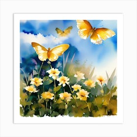 Yellow Flowers And Butterflies Art Print