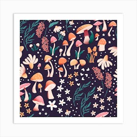 Mushrooms And Florals Pattern On Purple Square Art Print