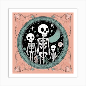 Skeleton Family whimsical minimalistic line art Art Print