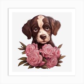 Puppy With Roses 4 Art Print