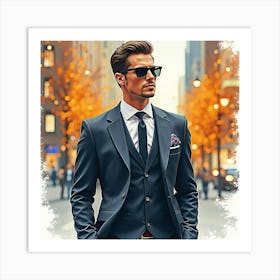 Sophisticated Man In Watercolor Suit, Abstract City Lights 1 Art Print