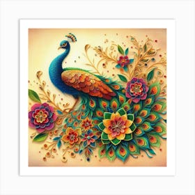 Peacock on flower branch 4 Art Print