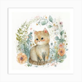 Watercolor Forest Cute Baby Cat Art Print