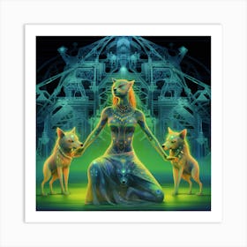 Woman With Three Wolves Art Print