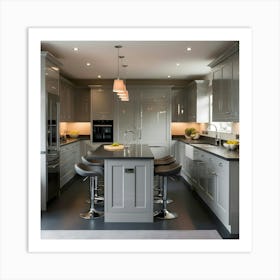 A Stunning, Fully Fitted Kitchen Exudes Sophistication In A Soothing Palette Of Neutral Grey And Charcoal, With Sleek, High Gloss Cabinets That Reflect The Soft, Warm Lighting Art Print