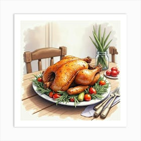 Watercolor Painting Of A Classic And Savory Roast Chicken With Vegetables On A Cozy Dining Table Art Print