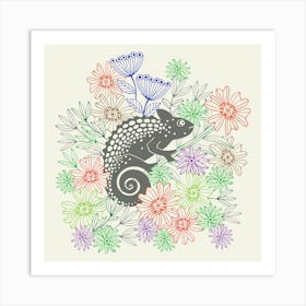 CHAMELEONS JUST WANNA HAVE FUN Cute Rainforest Reptile Line-Drawing Floral in Retro Gray Red Purple Blue Green Art Print