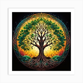 Tree Of Life, A Serene Forest Landscape With Wildlife Living In Harmony 1 Art Print