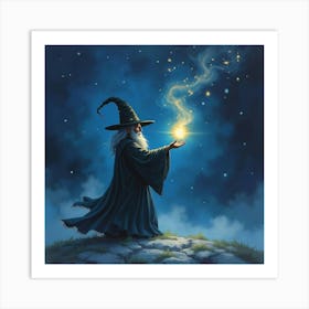 Black Magic Wizard Casting Spells In Watercolor Night 1 Art Print