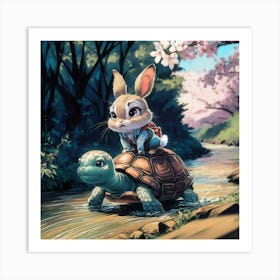 Rabbit On A Turtle funny art  Art Print