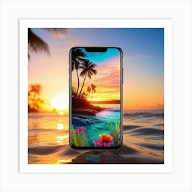 Smartphone Morphing Creature Displaying Tropical And Aquatic Colors Emerging From The Device Belo Art Print