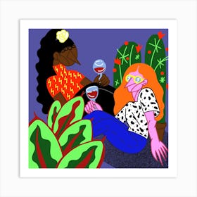 Women, Flowers, Wine Square Art Print