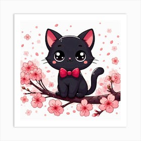 Black Cat In Cherry Blossoms Art Print