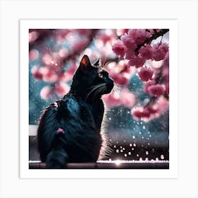 Black Cat, Raindrops and Pink Cherry Blossom 1 Art Print