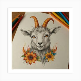 Goat With Sunflowers Art Print